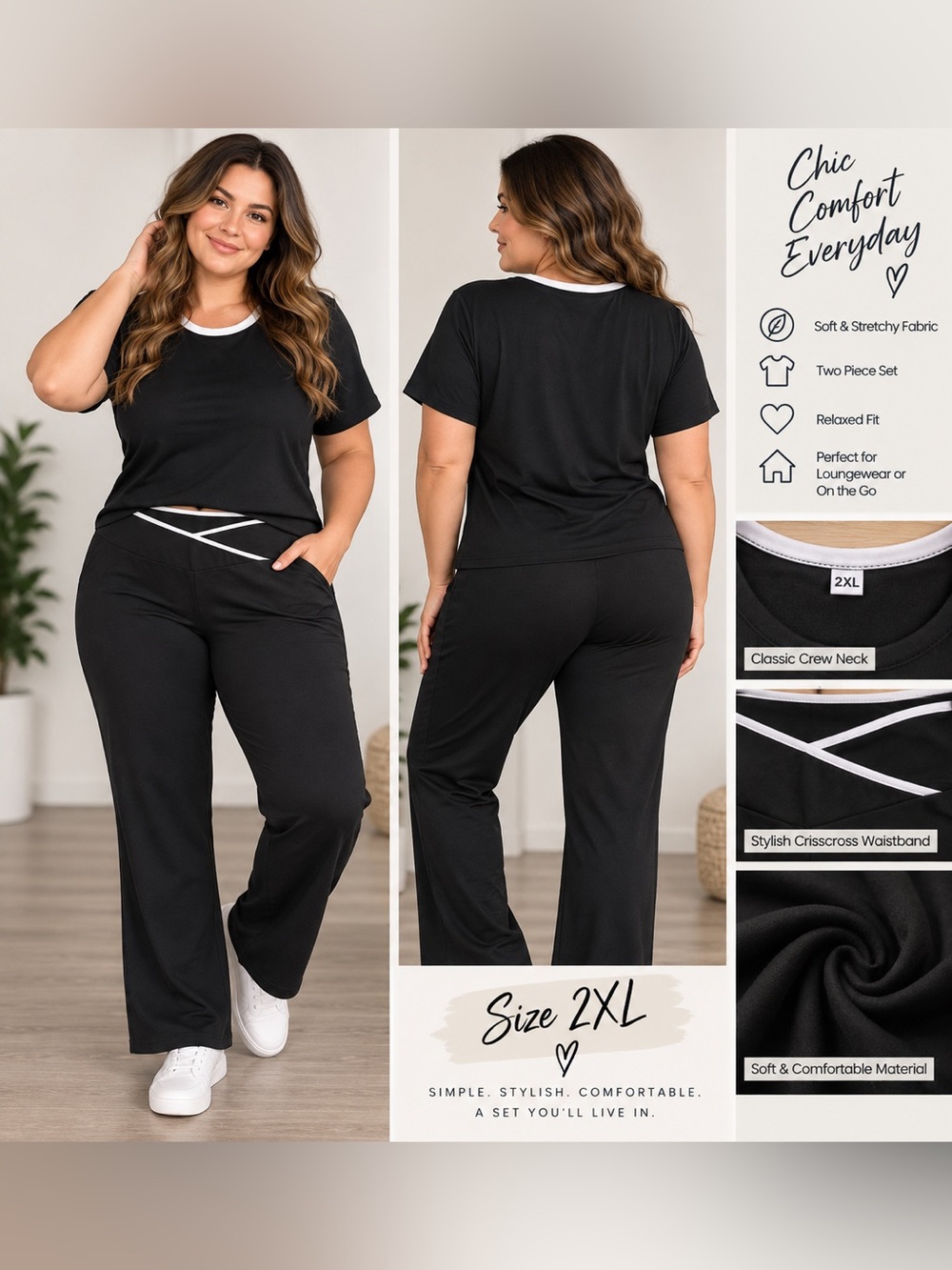 Black Two-Piece Lounge Set with White Trim - Plus Size